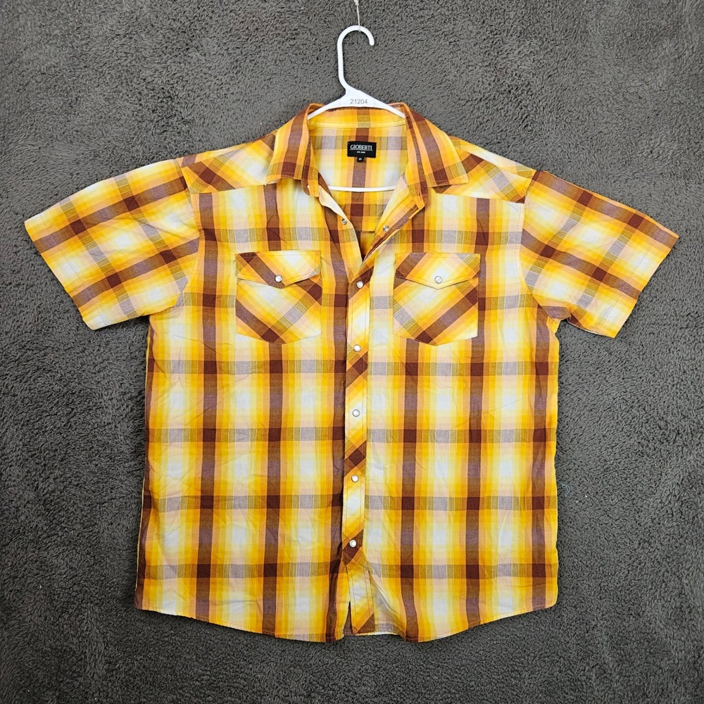 Gioberti Mens XL Western Pearl Snap Shirt Short Sleeve Plaid Yellow Orange Brown